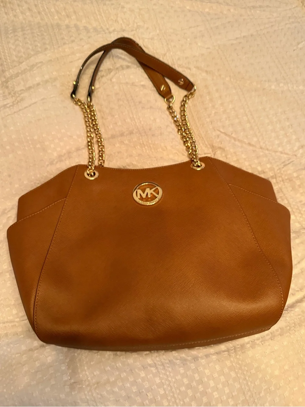 Michael Kors Cognac Saffiano Leather Tote with Gold Chain Straps